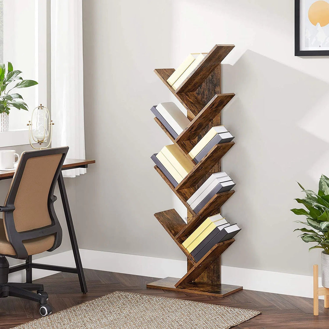 Dřevěná police na knihy s 8 přihrádkami ve tvaru stromu, rustikální hnědá