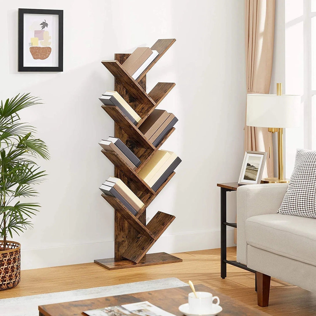 Dřevěná police na knihy s 8 přihrádkami ve tvaru stromu, rustikální hnědá