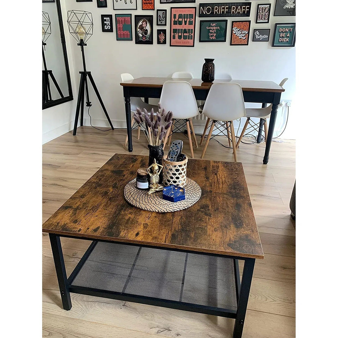 Konferenční stolek s prostornou stolovou deskou, rustikální hnědý, černý