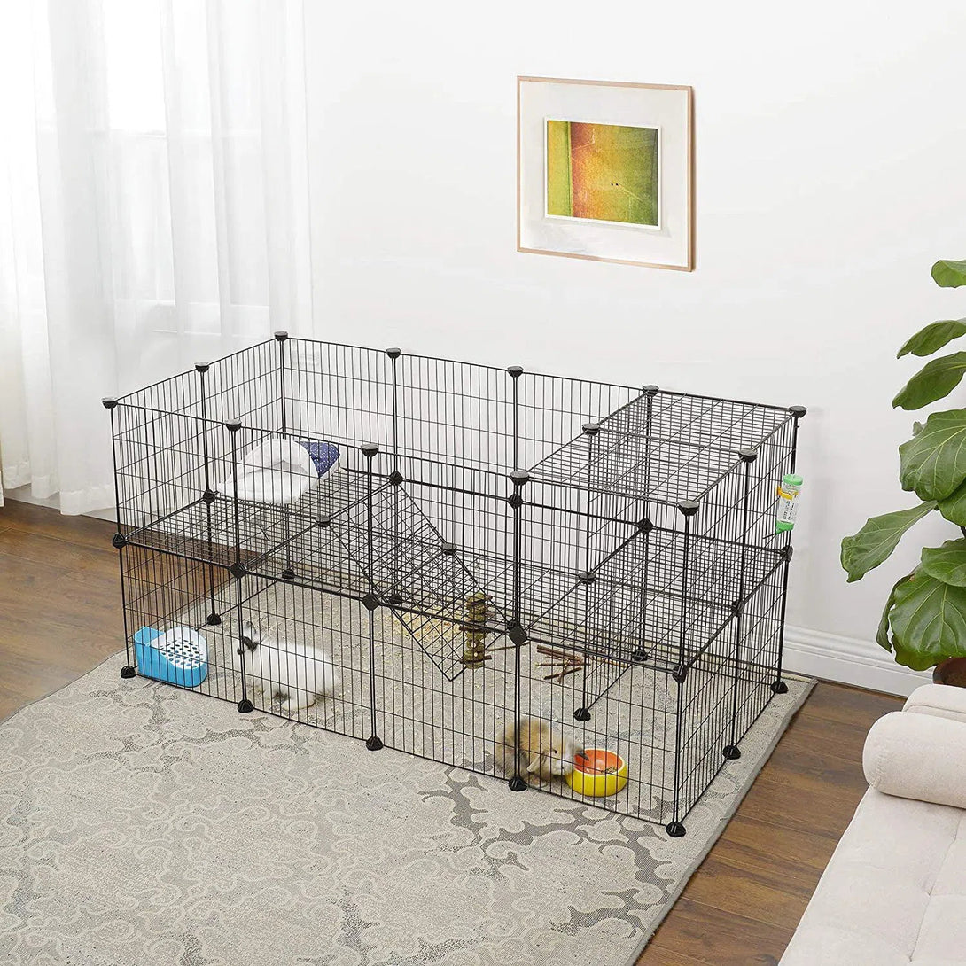 2-patrová kovová ohrádka pro domácí zvířata, přizpůsobitelná, 143 x 73 x 71 cm, černá barva-Ohrádky a klece pro malá zvířata-Vashome.cz