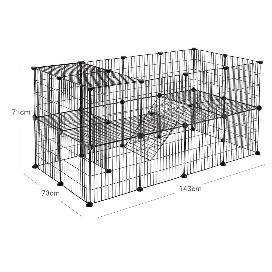 2-patrová kovová ohrádka pro domácí zvířata, přizpůsobitelná, 143 x 73 x 71 cm, černá barva-Ohrádky a klece pro malá zvířata-Vashome.cz