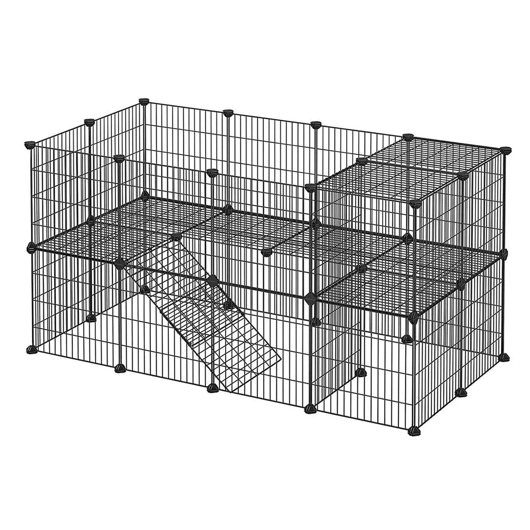 2-patrová kovová ohrádka pro domácí zvířata, přizpůsobitelná, 143 x 73 x 71 cm, černá barva-Ohrádky a klece pro malá zvířata-Vashome.cz