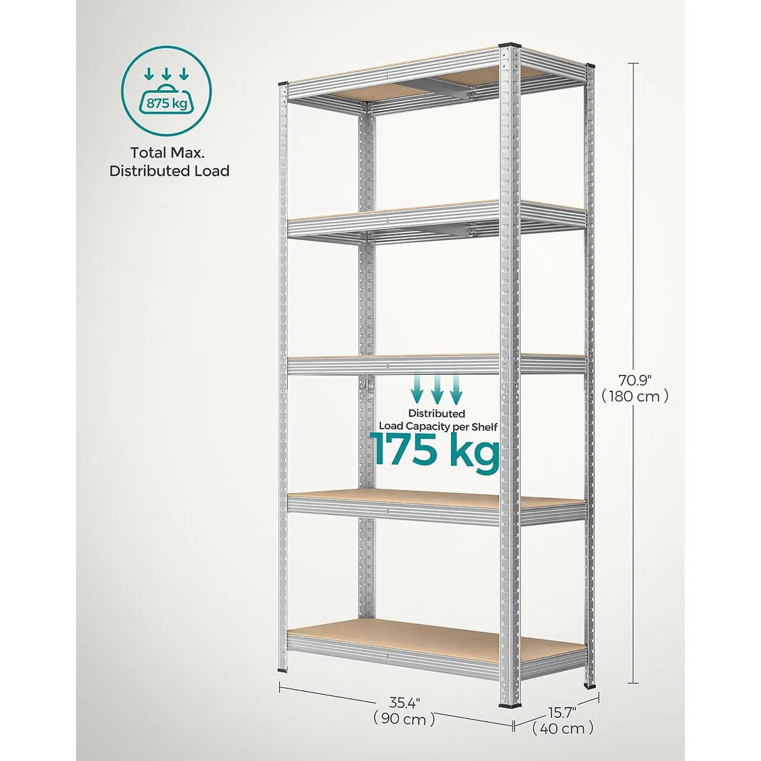 5-úrovňové regály s ocelovým rámem, sada 2 ks, nosnost 875 kg, stříbrná barva