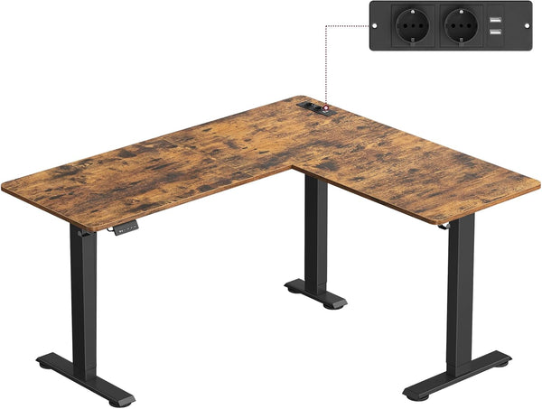 Výškově nastavitelný elektrický rohový stůl ve tvaru L, 140 x 160 cm, s nabíjecí stanicí