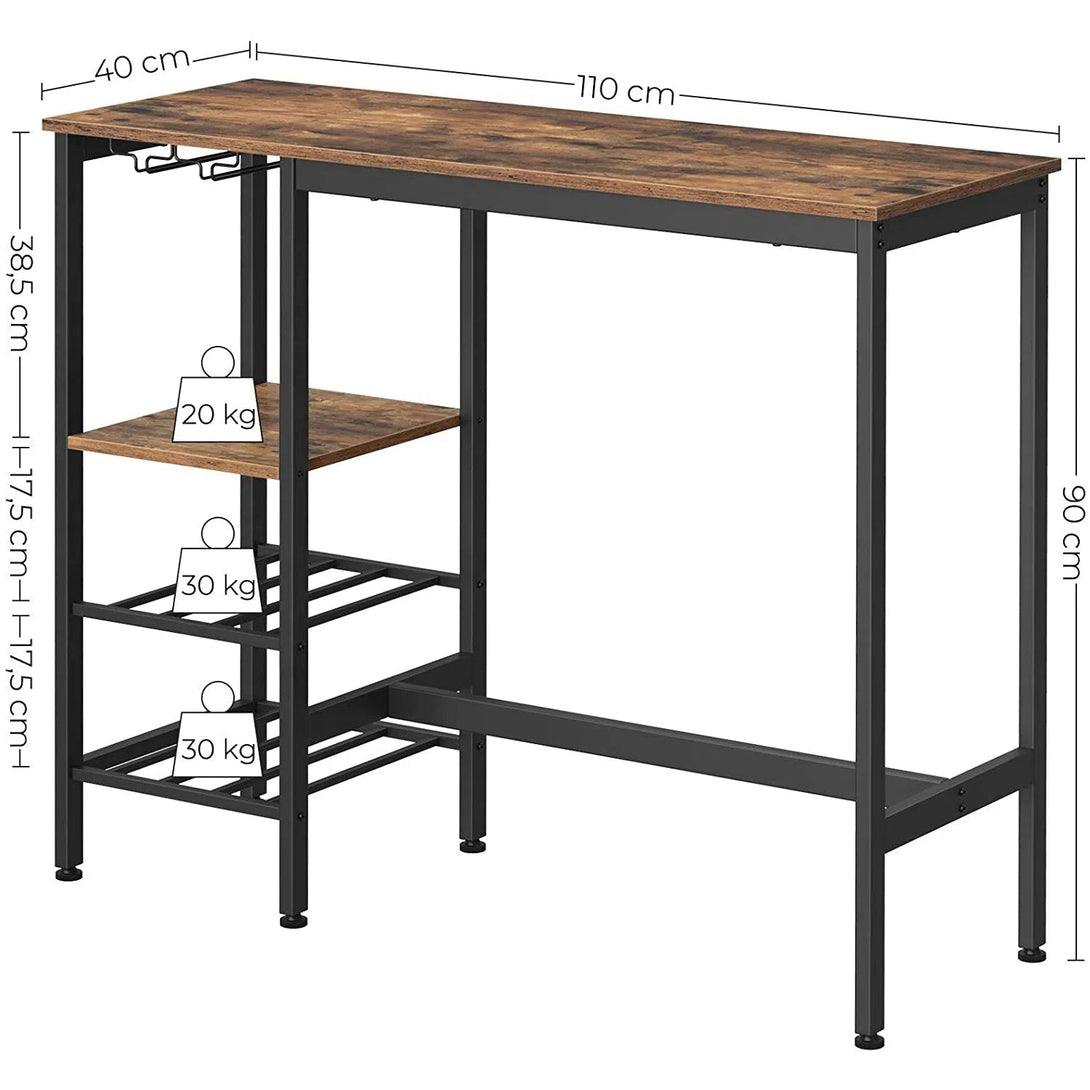 Barový stůl s držákem na sklenice na víno a s držákem na láhve, rustikální hnědý a černý