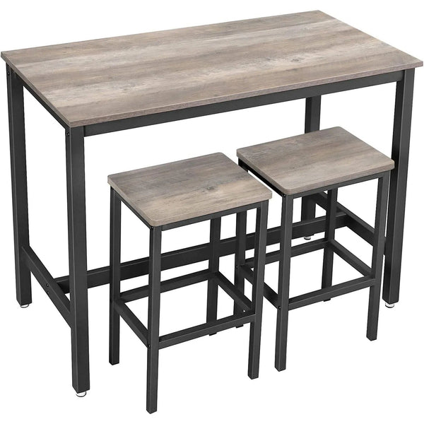 Barový stůl se 2 barovými židlemi, ocelový rám, šedá a černá barva