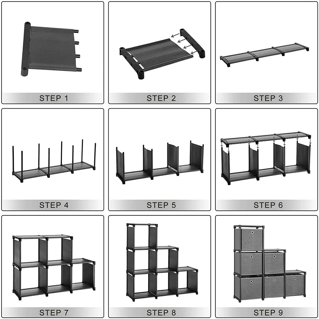 Bezšroubový regálový úložný systém se 6 látkovými boxy, kovový rám, 105 x 105 x 30, černý