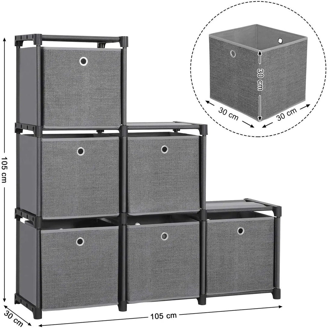 Bezšroubový regálový úložný systém se 6 látkovými boxy, kovový rám, 105 x 105 x 30, černý