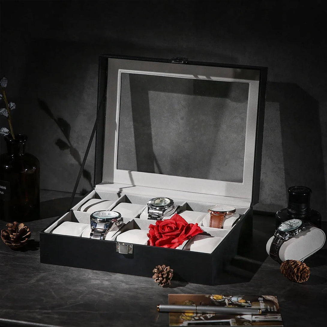 Box na hodinky se skleněným krytem, pro 10 hodinek, 25,4 x 7,8 x 20,2 cm, černý-Boxy na hodinky-Vashome.cz