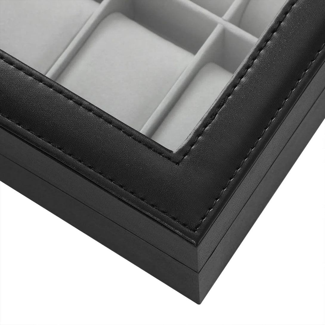 Box na hodinky se skleněným krytem, pro 10 hodinek, 25,4 x 7,8 x 20,2 cm, černý-Boxy na hodinky-Vashome.cz