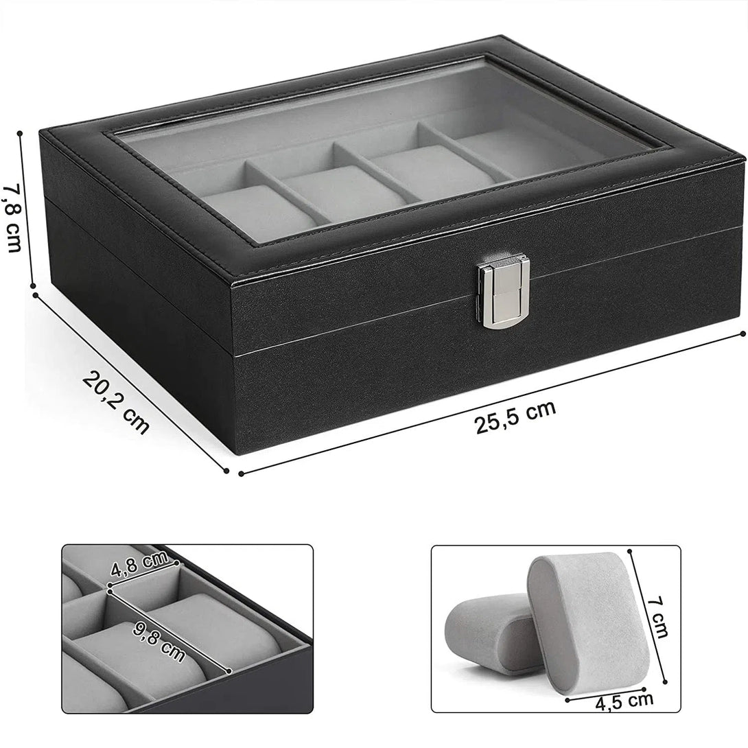 Box na hodinky se skleněným krytem, pro 10 hodinek, 25,4 x 7,8 x 20,2 cm, černý-Boxy na hodinky-Vashome.cz