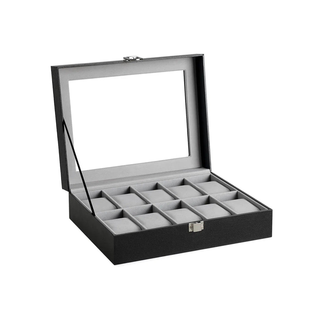 Box na hodinky se skleněným krytem, pro 10 hodinek, 25,4 x 7,8 x 20,2 cm, černý-Boxy na hodinky-Vashome.cz