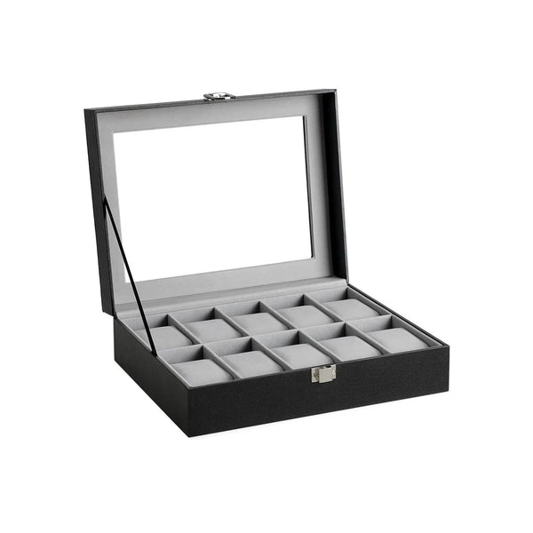 Box na hodinky se skleněným krytem, pro 10 hodinek, 25,4 x 7,8 x 20,2 cm, černý-Boxy na hodinky-Vashome.cz