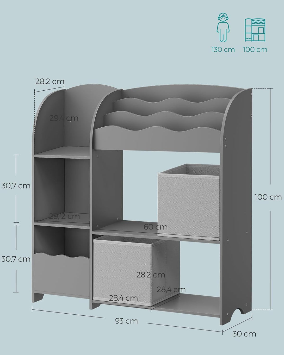 Dětská knihovna, dětská police na hračky a knihy se 2 boxy, 30 x 93 x 100 cm, šedá-Skladování hraček a knih-Vashome.cz