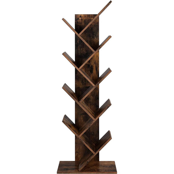 Dřevěná police na knihy s 8 přihrádkami ve tvaru stromu, 50 x 25 x 141,5 cm, rustikální hnědá-Regály a poličky-Vashome.cz