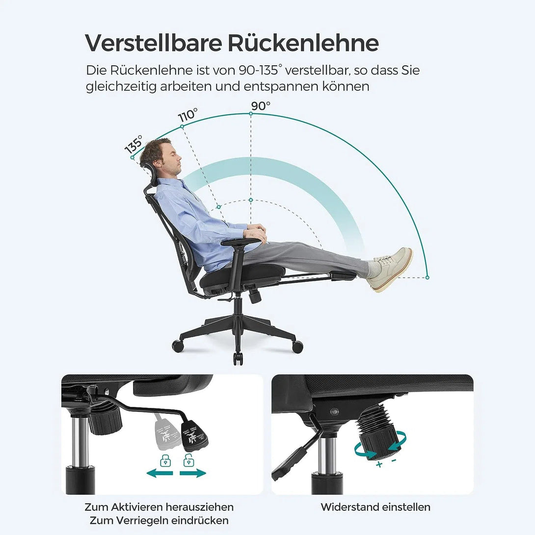 Ergonomická kancelářská židle s podnožkou, Max. nosnost 150 kg, černá