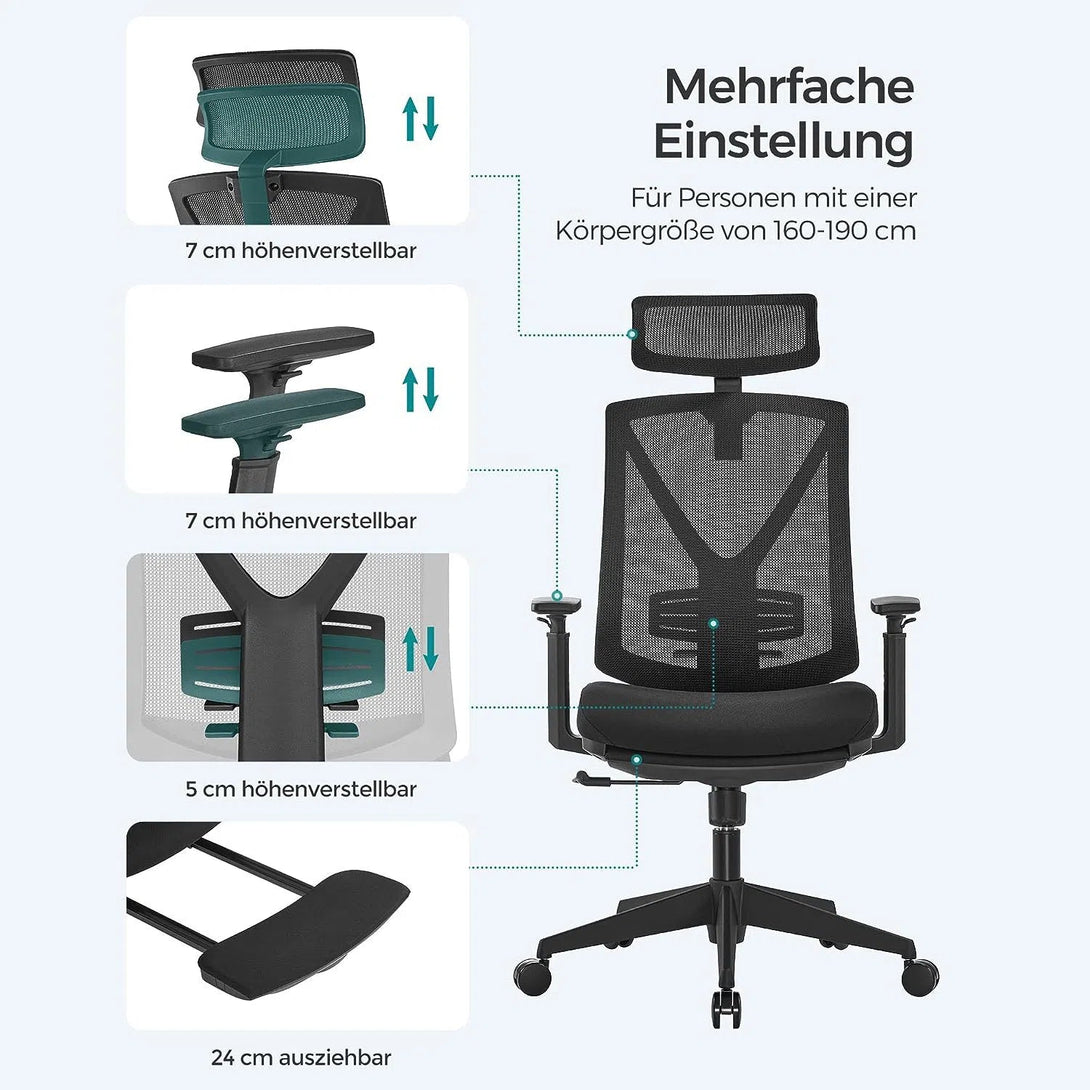 Ergonomická kancelářská židle s podnožkou, Max. nosnost 150 kg, černá