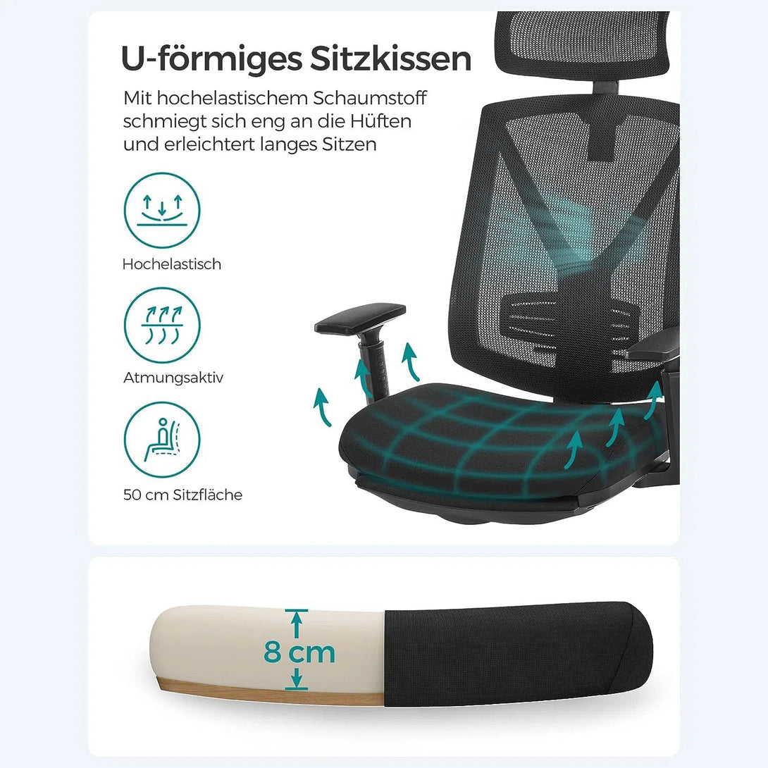 Ergonomická kancelářská židle s podnožkou, Max. nosnost 150 kg, černá