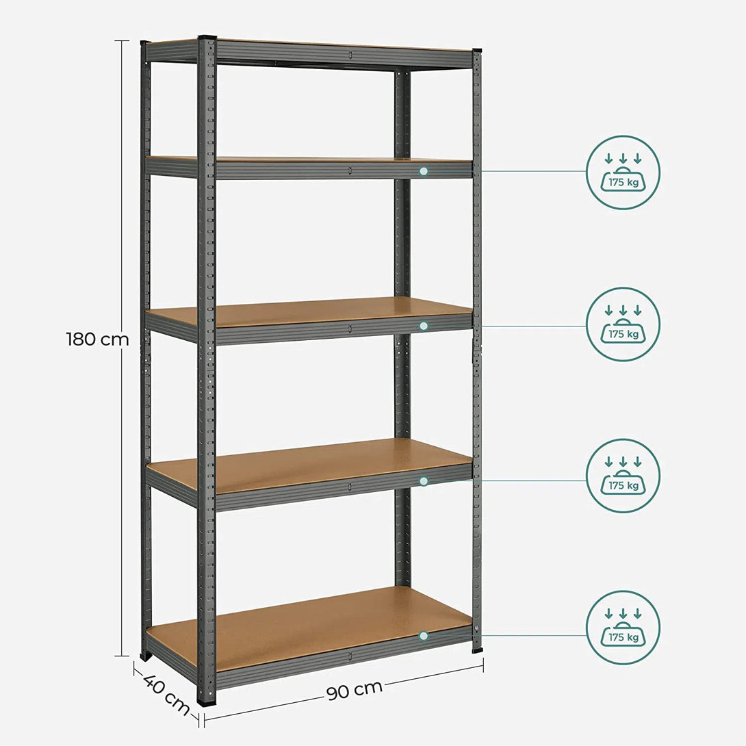 Garážový regál, 5-úrovňový úložný regál, 180 x 90 x 40 cm, Max. nosnost 875 kg, šedý
