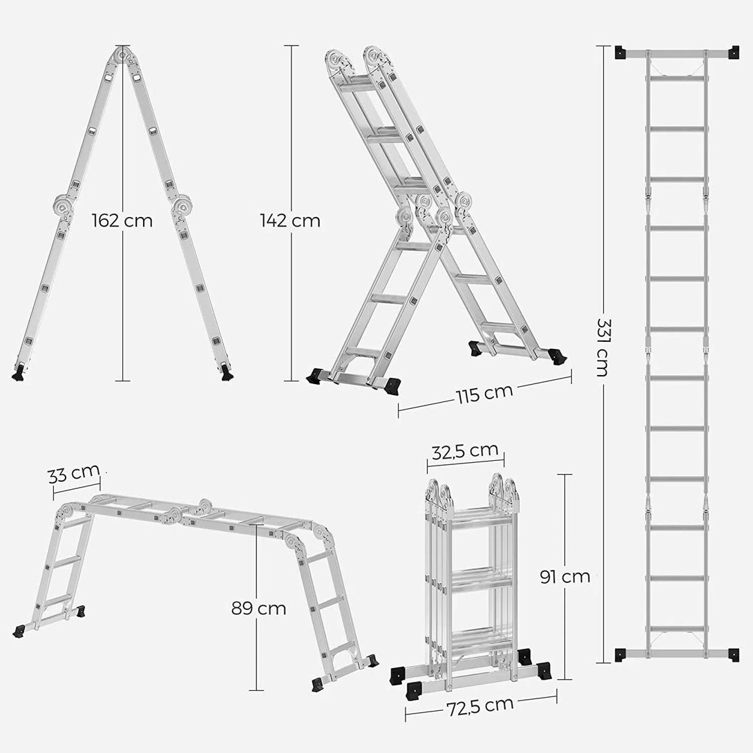 Hliníkový žebřík 3,5 m, s 12 schůdky, kloubový, víceúčelový, stříbrný