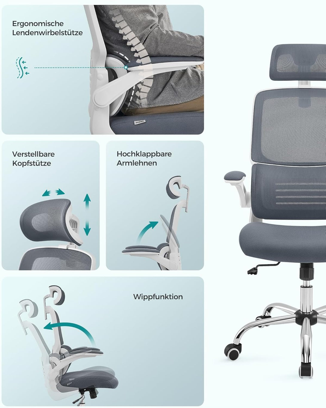 Kancelářská židle, ergonomické křeslo k psacímu stolu, funkce kolísání, šedá-Kancelářské židle-Vashome.cz