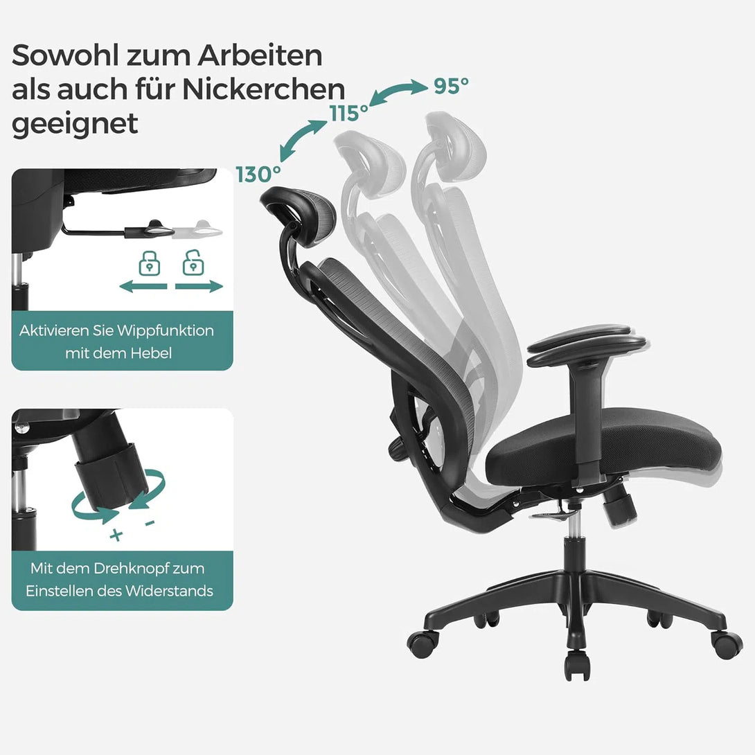 Kancelářské křeslo, Ergonomické křeslo s nastavitelnou opěrkou hlavy, černé