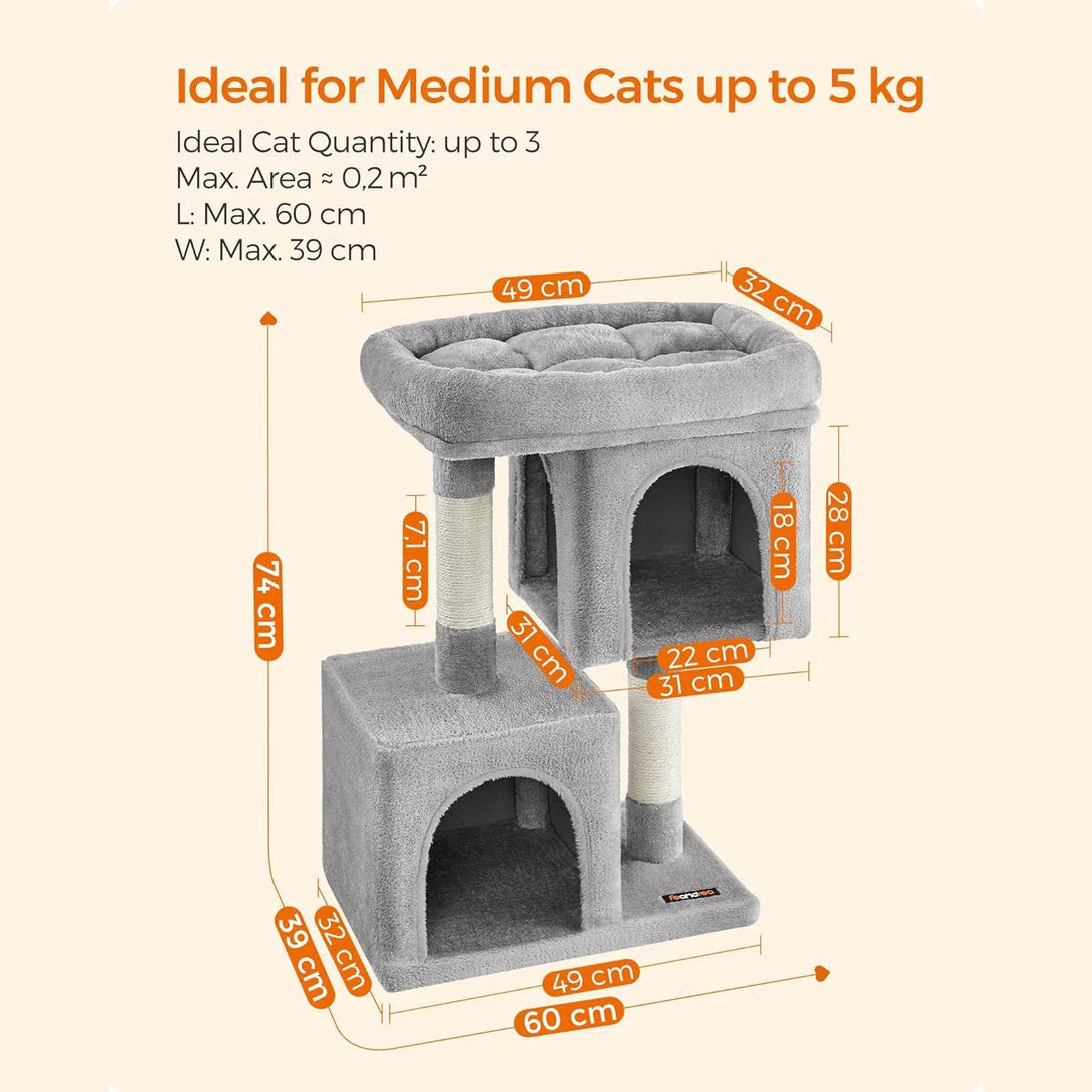 Kočičí strom pro střední kočky do 5 kg, velikost M, 2 kočičí jeskyně, světle šedý