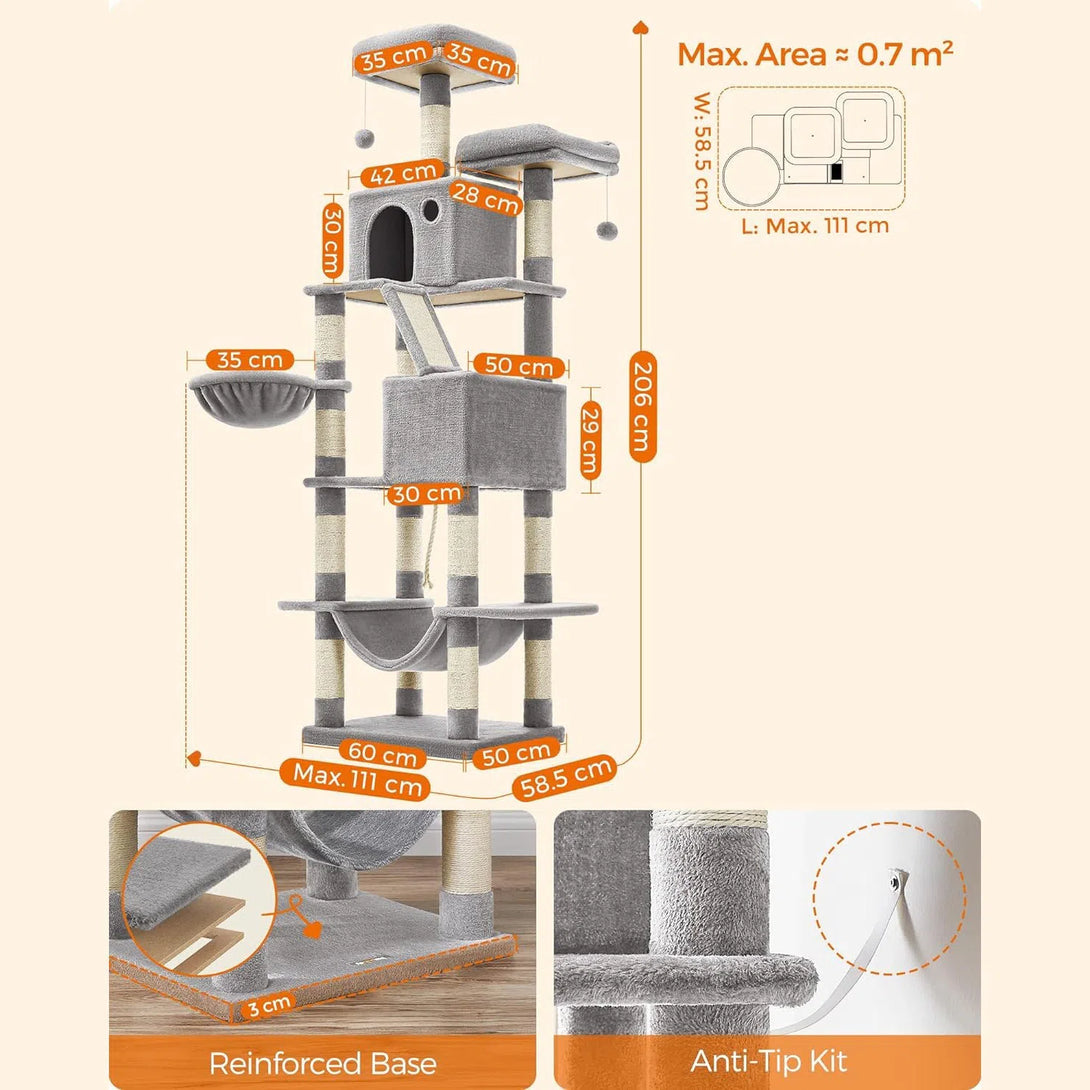 Kočičí strom, škrábadlo pro kočky, výška 206 cm, světle šedá barva | FEANDREA