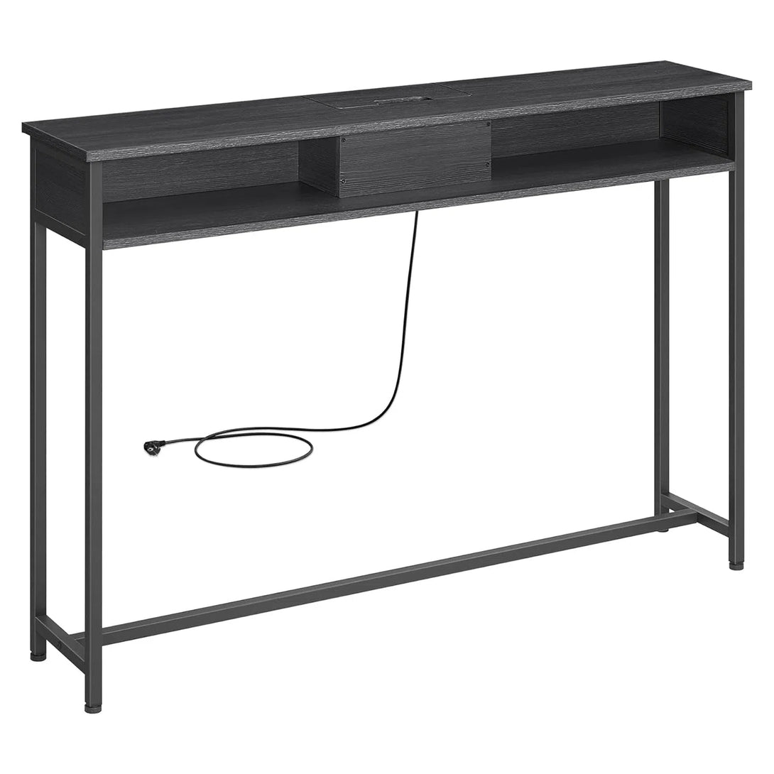 Konzolový stolek s nabíjecí stanicí, úzký stolek se 2 přihrádkami, antracitově šedo-černý
