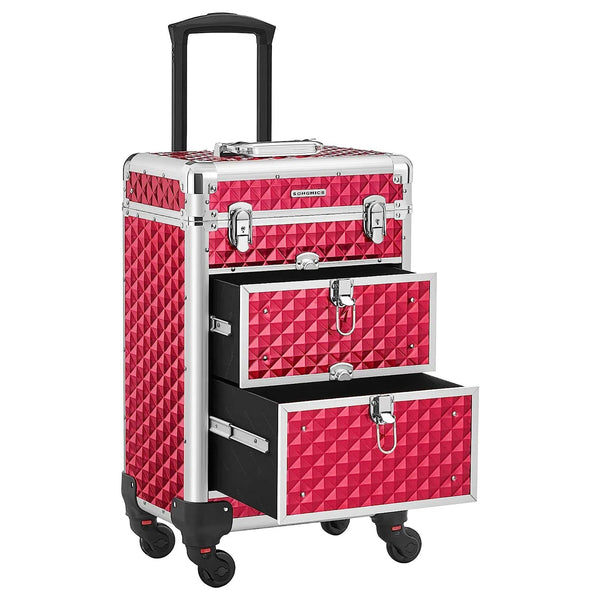 Kosmetický kufřík se 3 úrovněmi, s kolečky, červený