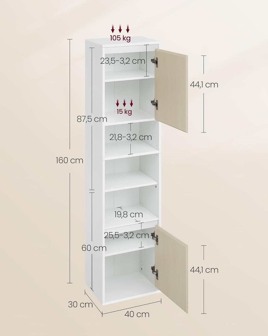 Koupelnová skříňka nástěnná, vysoká koupelnová skříňka, výška 160 cm, bílá a béžová-Kúpeľňové skrinky-Vashome.cz