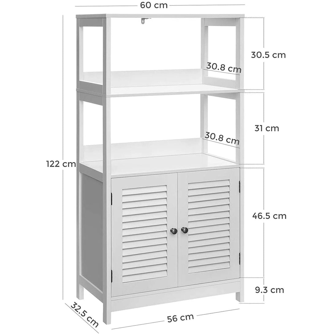 Koupelnová skříňka s otevřenými policemi a 2 dvířky, 60 x 32,5 x 122 cm, bílá