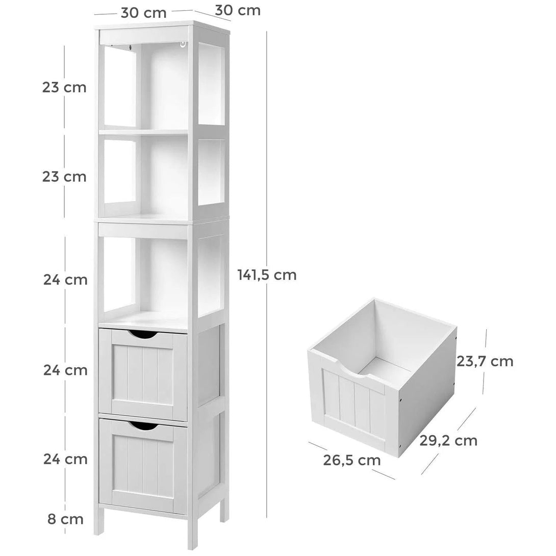 Koupelnová vysoká skříňka, se 2 zásuvkami, bílá