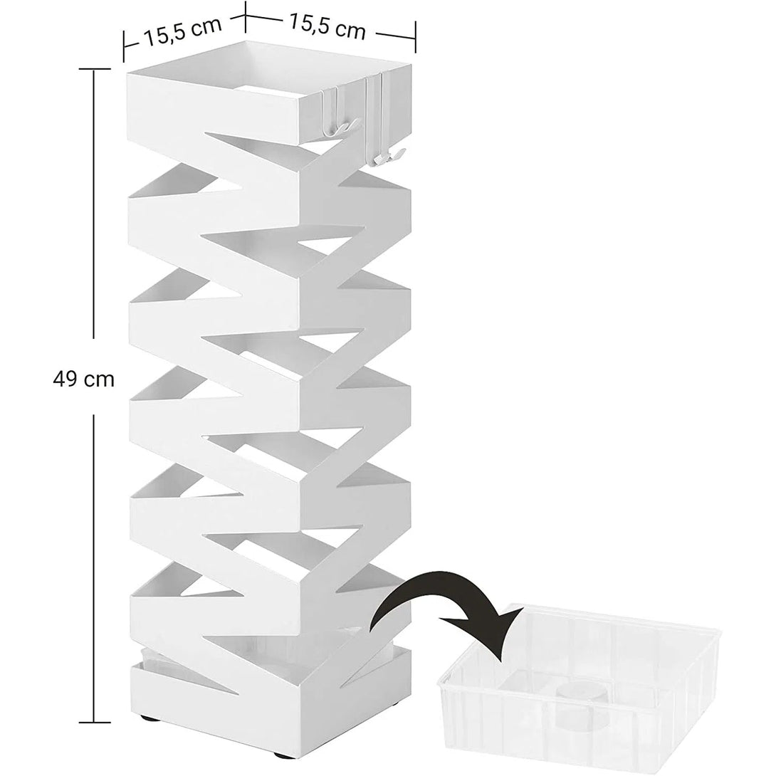 Kovový držák na deštníky s háčkem a odkapávačem, bílý
