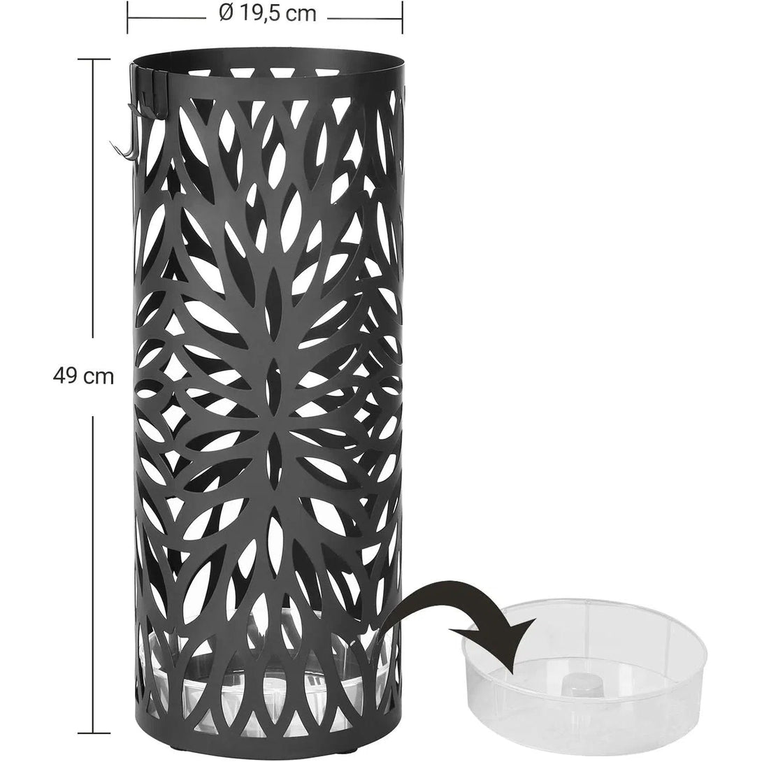 Kovový držák na deštníky s háčky a odkapávačem, 49 x Ø 19,5 cm, černý
