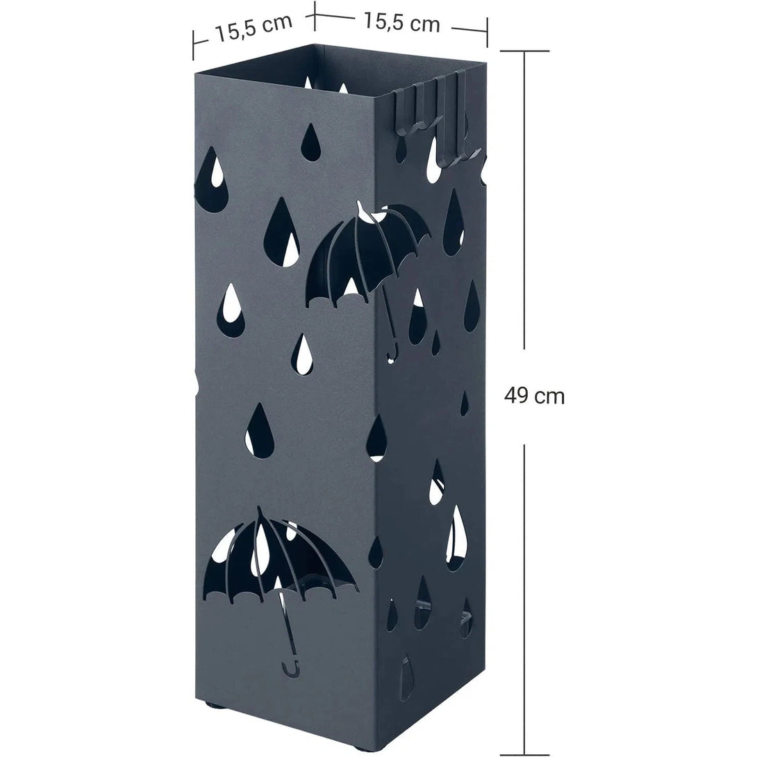 Kovový stojan na deštníky, čtvercový držák na deštníky s odkapávacím tácem, šedý