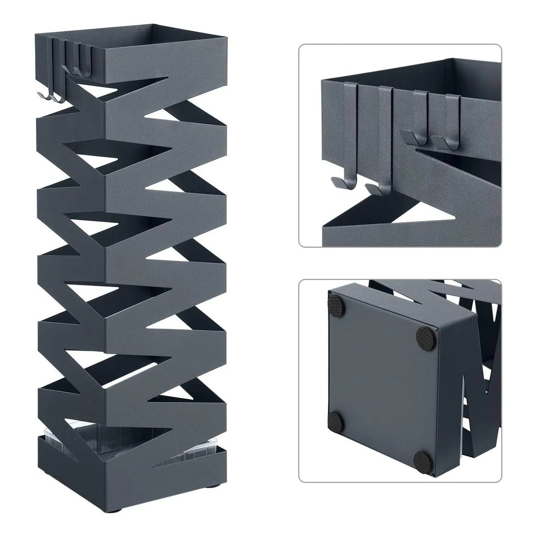 Kovový stojan na deštníky, čtvercový držák na deštníky, se 4 háčky, antracitově šedý