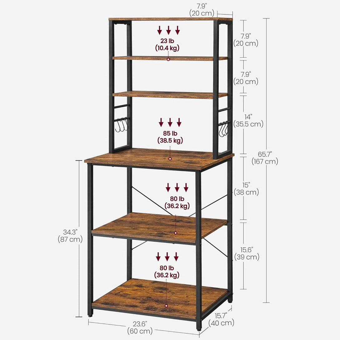 Kuchyňský úložný stojan, Pekařský stojan, 6 polic a 6 háků, rustikální hnědý-Kuchyňské regály a poličky-Vashome.cz