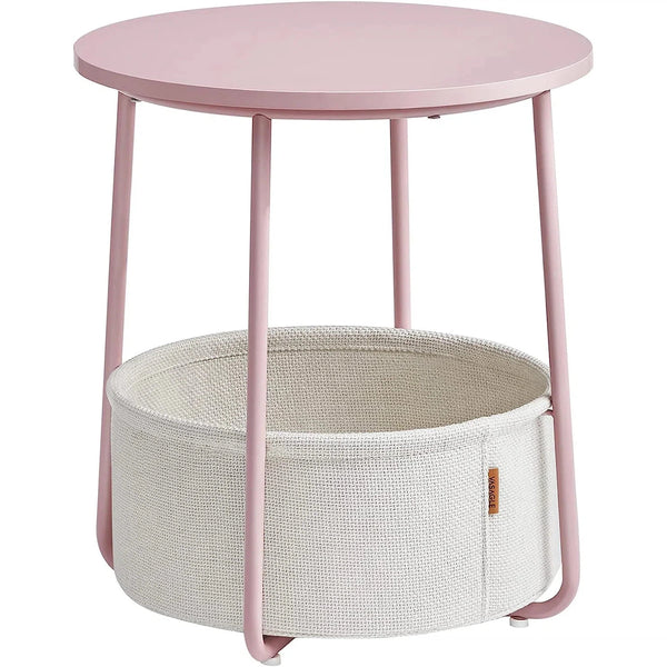 Kulatý příruční stolek s látkovým košíkem, pastelově růžový