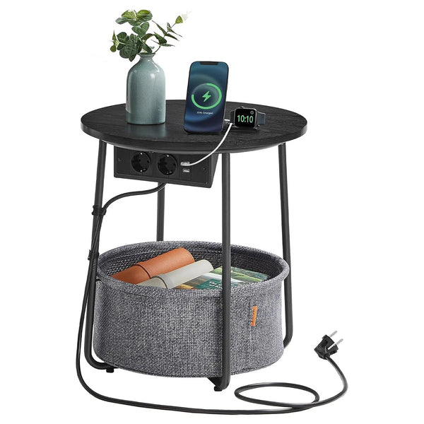 Kulatý příruční stolek s nabíjecí stanicí, malý stolek se zásuvkou, černá a šedá barva