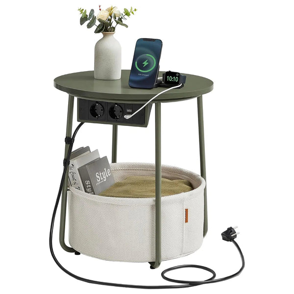 Kulatý příruční stolek s nabíjecí stanicí, malý stolek se zásuvkou, lesní zelená a krémová bílá