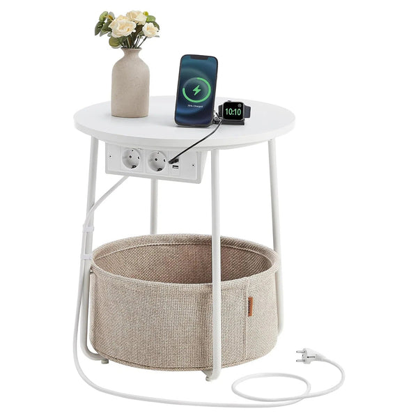 Kulatý příruční stolek s nabíjecí stanicí, malý stolek se zásuvkou, matná bílá a béžová barva