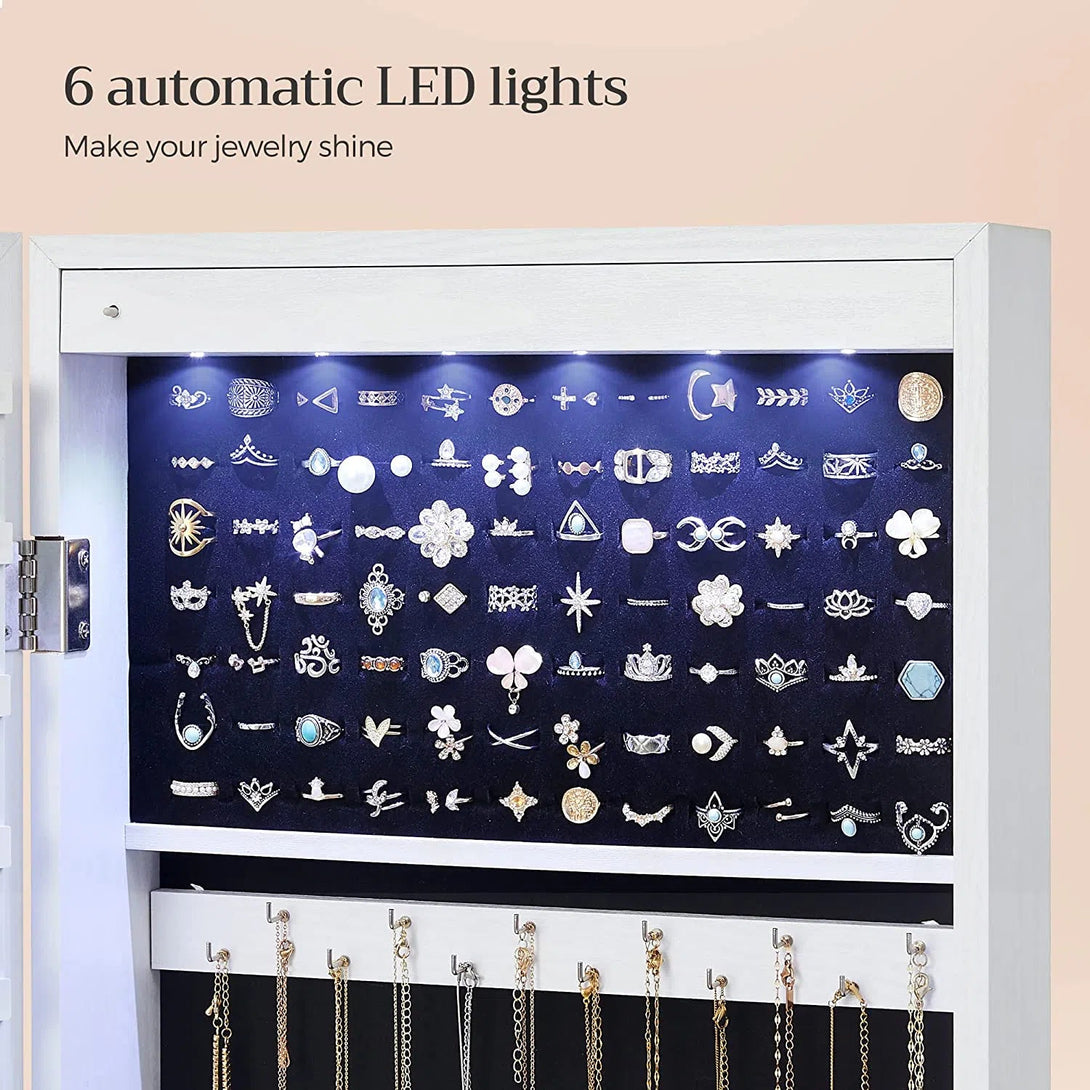 LED skříňka na šperky, nástěnný zrcadlový organizér na šperky se 2 zásuvkami, bílá