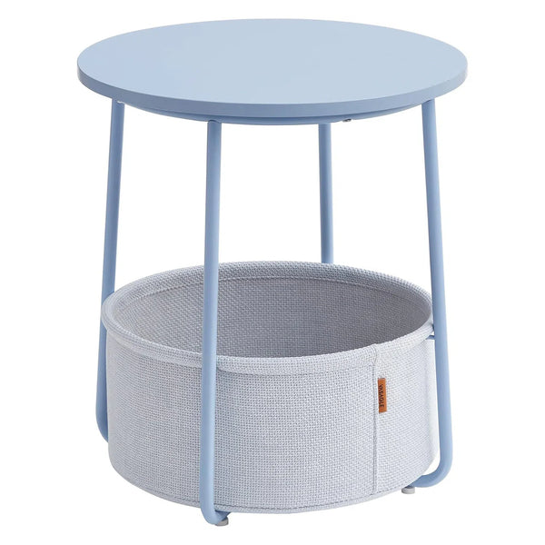 Malý příruční stolek, kulatý stolek s látkovým košíkem, modrý