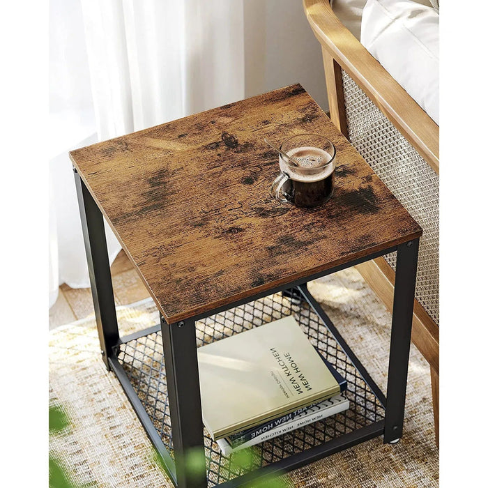 Malý příruční stolek s mřížkovanou policí 45x45x55 cm, vintage hnědý, černý