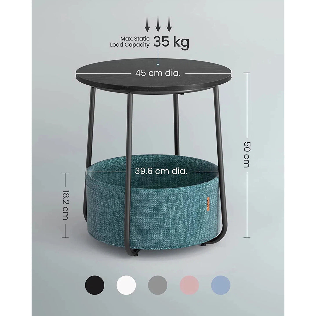 Malý stolek, kulatý příruční stolek s textilním košíkem, černá a tyrkysová barva