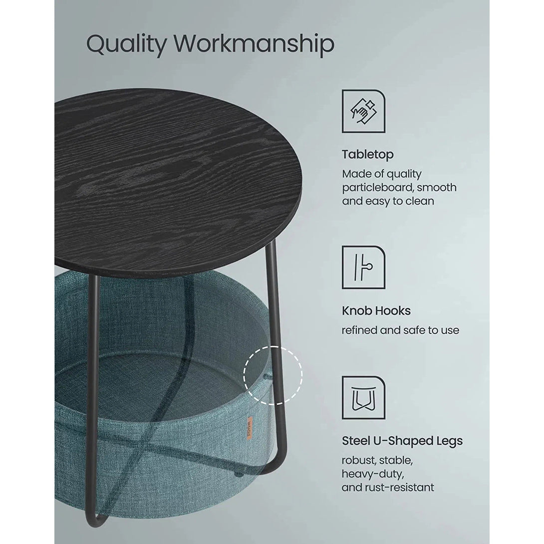 Malý stolek, kulatý příruční stolek s textilním košíkem, černá a tyrkysová barva