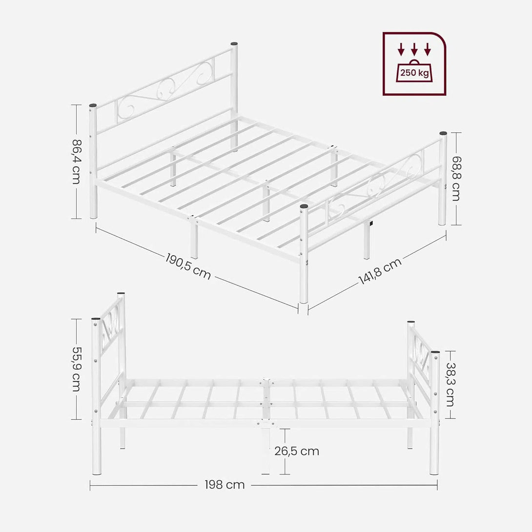 Manželská postel, kovový ložní rám, bílá barva