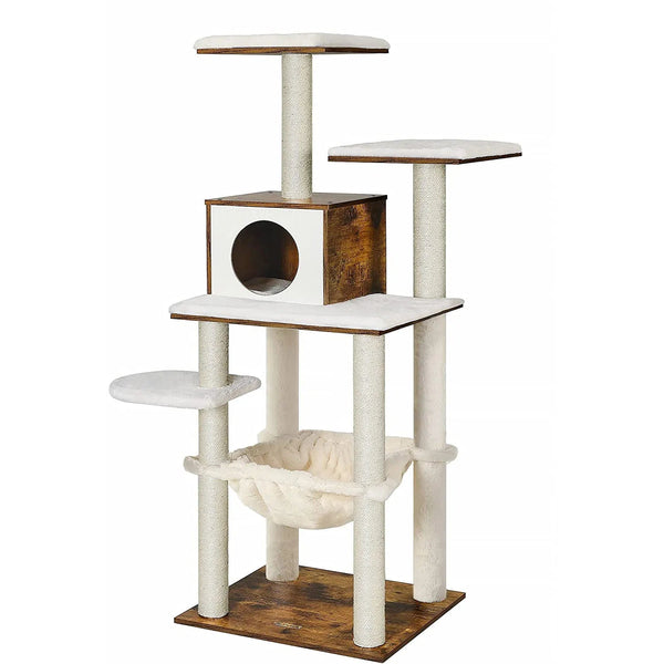 Moderní škrábadlo pro kočky, kočičí strom, 55 x 138 x 45 cm, rustikálně hnědý | FEANDREA