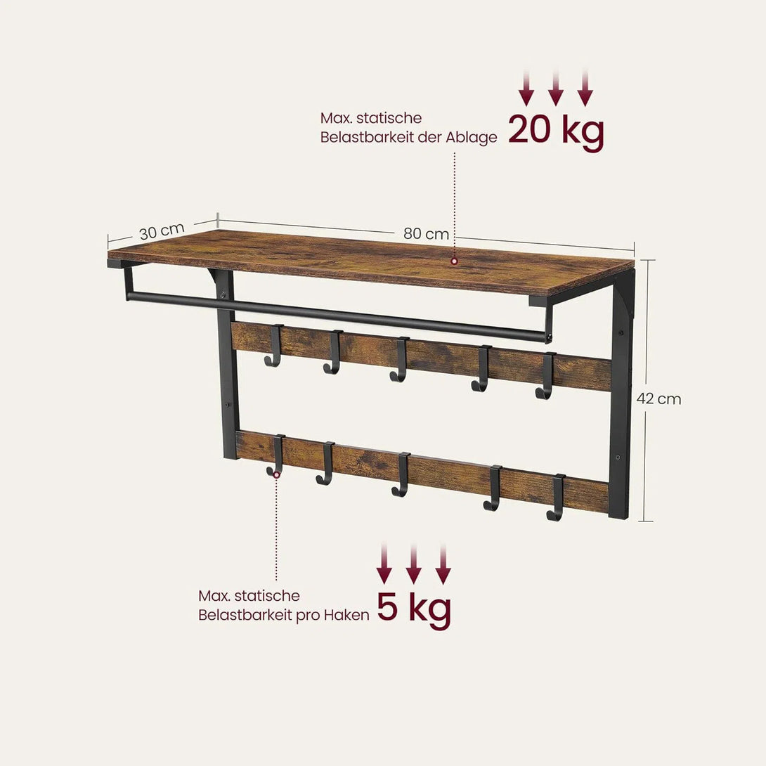 Nástěnný věšák na kabáty s policí a 10 háčky, rustikální hnědý
